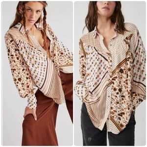 FREE PEOPLE 🩰 Hazel Button-Down Blouse - Tea Combo - Size XS - Fits S